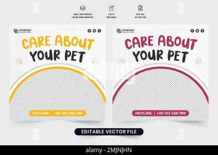 Design promozionale per la cura degli animali domestici e il negozio veterinario con forme rotonde. PET shelter pubblicità banner web vettore per l'introduzione sul mercato. Cura degli animali così Illustrazione Vettoriale