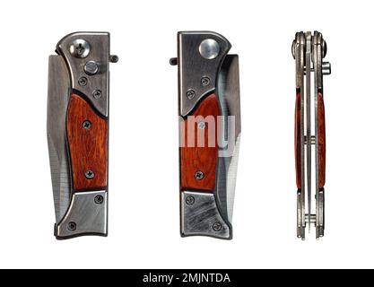 Set di diverse viste sul coltello pieghevole isolato su sfondo bianco Foto Stock