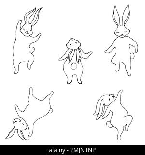 Pagina da colorare con i conigli set ballo divertente per bambini e adulti. Modello isolato. Collezione doodle cartone animato felice animale. Simbolo Lepre nuovo anno 2023. Illustrazione Vettoriale