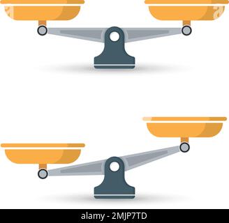 Icone di scala impostate in stile piatto. Illustrazione del vettore di bilanciamento del peso su sfondo isolato. Concetto di business del segno di confronto di equilibrio. Illustrazione Vettoriale