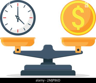 Tempo vs denaro su bilance in stile piatto. Illustrazione del vettore di bilanciamento del peso su sfondo isolato. Concetto di business del segno di confronto di equilibrio. Illustrazione Vettoriale