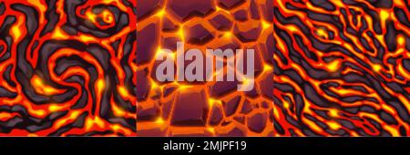 Texture di lava, magma e pietre. Modelli senza cuciture della superficie rocciosa del vulcano con crepe e flussi di lava liquida fusa calda nella vista dall'alto, carrello vettoriale Illustrazione Vettoriale