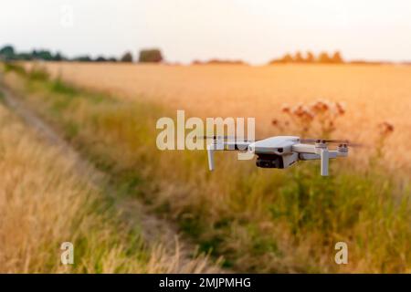 Uomo bearded che utilizza un drone con telecomando per realizzare foto e video, divertendosi con le nuove tendenze tecnologiche Foto Stock