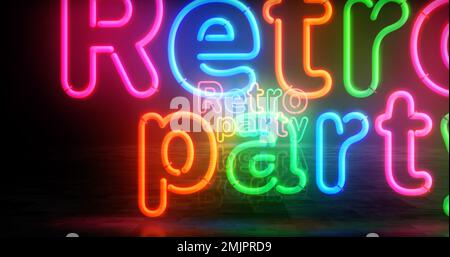 Simbolo retro al neon. Vita notturna discoteca musica nightclub lampadine di colore. Illustrazione del concetto astratto 3D. Foto Stock