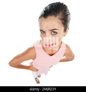 Stai mentendo a me. Studio ritratto di una giovane donna che guarda scettico su uno sfondo bianco. Foto Stock