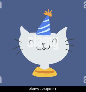 Gatto carino in vettore adesivo cappello partito, illustrazione celebrazione Illustrazione Vettoriale