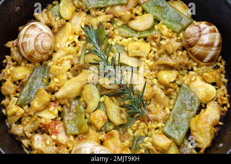 Paella Valenciana (piatto di riso tradizionale spagnolo); coniglio, pollo,  fagioli al garofone, lumache, Fagioli verdi marocchini, zafferano e riso  bomba Foto stock - Alamy