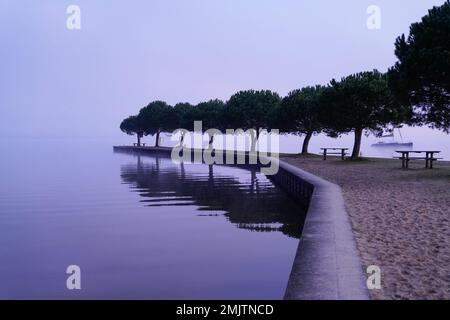 Maubuisson Carcans lago hourtin città sulla costa atlantica in tramonto nebbia alba Foto Stock