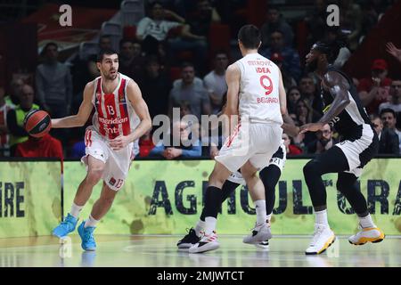 Belgrado, Serbia, 27 gennaio 2023. Ognjen Dobric di Crvena Zvezda MTS Belgrado in azione durante il 2022/2023 Turkish Airlines Eurolega Match tra Crvena Zvezda MTS Belgrado e Partizan Mozzart Bet Belgrado presso Aleksandar Nikolic Hall di Belgrado, Serbia. Gennaio 27, 2023. Credito: Nikola Krstic/Alamy Foto Stock