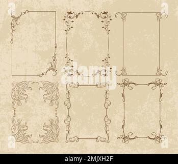 Set di sei cornici decorative su uno sfondo vecchio stile Illustrazione Vettoriale