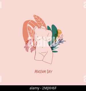 Statua di donna rinascimentale con fiori. Illustrazione minimalista. Sfondo rosa. Cartolina del giorno del museo, banner. Illustrazione del museo. Illustrazione vettoriale Illustrazione Vettoriale
