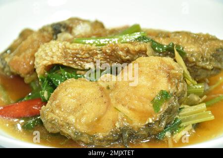 fettine fritte a fettine di serpente a strisce con zenzero e sedano sul piatto Foto Stock