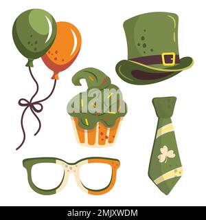 st patricks giorno verde illustrazione set cappello occhiali bandiera irlandese verde cravatta Illustrazione Vettoriale