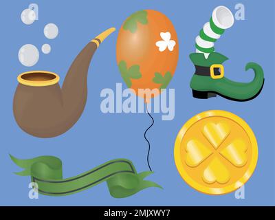 un set per saint patricks giorno comprende tubo fumo, baloon vacanza, stivale con calza, moneta d'oro e nastro Illustrazione Vettoriale