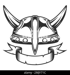 Emblema vichingo vintage con serio casco medievale da guerriero nordico e illustrazione vettoriale isolata a nastro Illustrazione Vettoriale