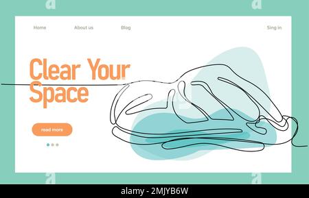 Disegno continuo di una linea della mano che indossa i guanti di gomma che pulisce la superficie con il panno di microfibra o la spugna e lo spruzzo disinfettante durante la quarantena dovuto. Semplice posizionamento del testo e del logo del marchio Illustrazione Vettoriale