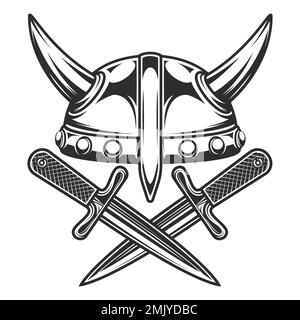 Emblema d'epoca con casco vichingo medievale del guerriero nordico e disegno vettoriale isolato con coltello da battaglia Illustrazione Vettoriale