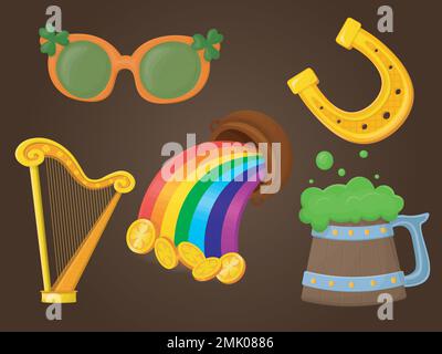 un set per saint patricks giorno include occhiali da sole, ferro di cavallo d'oro, tazza di birra, pentola con arcobaleno e arpa Illustrazione Vettoriale