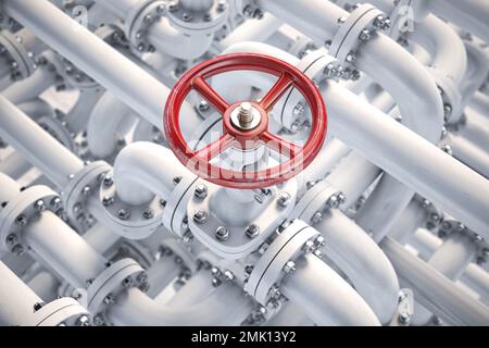 Valvola della tubazione dell'olio o del gas. Controllo del petrolio e del gas, estrazione, produzione e trasporto. illustrazione 3d Foto Stock