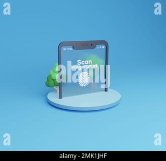 Concetto di scansione delle impronte digitali con smartphone su schermo blu. Foto Stock