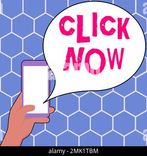 Testo che mostra l'ispirazione fare clic ora. Panoramica aziendale la pressione del pulsante indica la sottoscrizione alle notifiche push Foto Stock