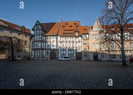 Casa von Veltheim e Casa Huneborstelsches (Gildehaus) a Burgplatz (Piazza del Castello) - Braunschweig, bassa Sassonia, Germania Foto Stock