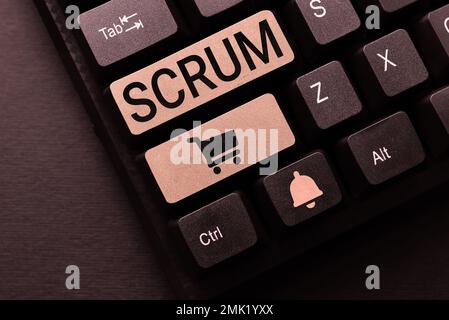 Scrittura visualizzazione testo Scrum. Parola scritta sulla scrittura a mano come distinto dai caratteri scritti di stampa di gioco Foto Stock