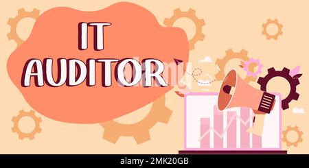 Firma di testo che mostra il revisore IT. Persona autorizzata a rivedere e verificare l'accuratezza del sistema Foto Stock