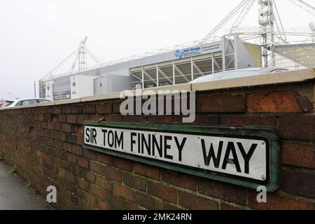 Preston, Regno Unito. 28th Jan, 2023. Sir Tom Finney Way fuori Deepdale davanti alla partita della Emirates fa Cup Fourth Round Preston North End vs Tottenham Hotspur a Deepdale, Preston, Regno Unito, 28th gennaio 2023 (Photo by Conor Molloy/News Images) a Preston, Regno Unito il 1/28/2023. (Foto di Conor Molloy/News Images/Sipa USA) Credit: Sipa USA/Alamy Live News Foto Stock