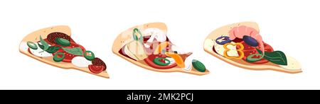 Set di fette di pizza diverse o pezzi con peperoni, salumi, funghi, champignons, mozzarella e gamberi. Segmenti di cibo italiano con crosta spessa Foto Stock