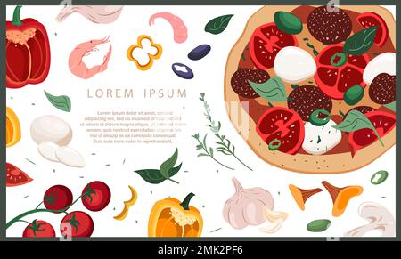 Design banner orizzontale per pizzeria con salame, pizza alla mozzarella, ingredienti su sfondo bianco. Modello promozionale per ristorante italiano Foto Stock