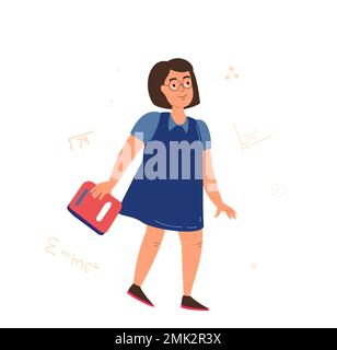 Allievo teenage che tiene studentbook.Portrait di ragazza cute del prescolare con il copybook, Tutorial Textbook.Adolescent studente standing.Flat cartoon vettoriale malato Foto Stock