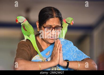 Jabalpur, India. 28 gennaio 2023. Jabalpur : Un devoto indù con il suo pappagallo che offre preghiera al tempio in occasione di 'Narmada Jayanti' a Maa Narmada Vanprasth Ashram Gwarighat a Jabalpur, sabato, 28 gennaio 2023. Foto di - Uma Shankar Mishra/ Alamy Live News Foto Stock