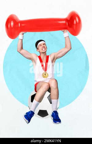 Foto creativa collage di giovane sportivo duro lavoro forte bicipiti spingere pesi grandi dumbbell primo posto medaglia isolato su sfondo dipinto Foto Stock