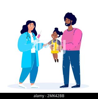 Pediatra femminile medico vaccinare African Girl.COVID pandemic inoculazione concetto illustrazione per la salute immunità. Padre con Kid in Hospital.Doc Foto Stock