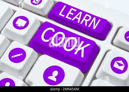 Cartello di testo che mostra Learn Cook. Parola scritta su acquisire conoscenze o acquisire competenze in cucina o cibo Foto Stock