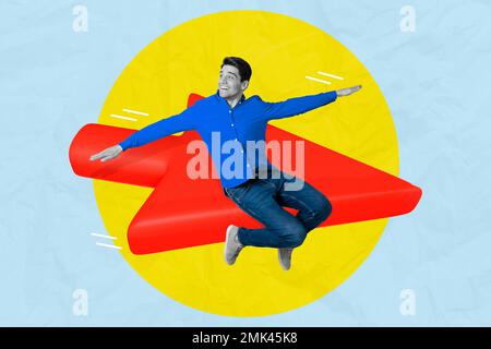 Collage foto di giovane uomo divertente mani aereo uccello ali freccia direzione corretta modo sognare imprenditore business isolato su sfondo disegno Foto Stock