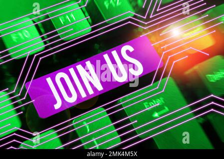 Mostra segni Unisciti a noi. Internet Concept Registrati nella community Team o blog Iscriviti ai social media Foto Stock