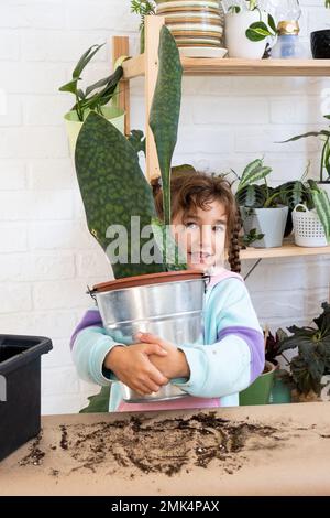 La ragazza si prende cura felicemente delle piante domestiche, le trasforma in un nuovo terreno e vaso, abbraccia la succulente sanivieria, epiphyllum. Hobby per un ch Foto Stock