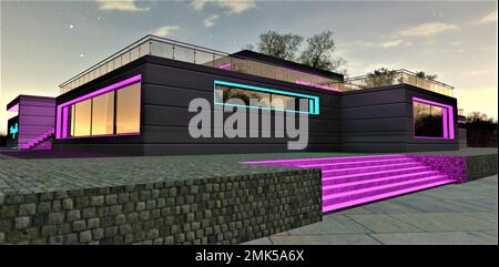 Ammira la vista della casa contemporanea illuminata in turchese e viola. Gradini rosa incandescente. Riflesso del crepuscolo mozzafiato nella finestra. rendering 3d Foto Stock
