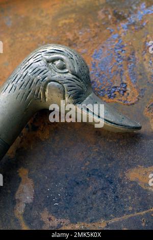 manico del bastone da camminata della testa degli uccelli di ottone su fondo arrugginito Foto Stock