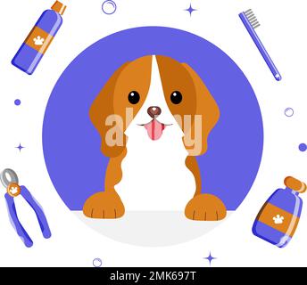 Banner gruppo di cute cane attrezzi e forniture in stile piatto vettore. illustrazione per la cura degli animali domestici per contenuto, etichetta, banner, grafica e biglietto d'auguri. Illustrazione vettoriale Illustrazione Vettoriale
