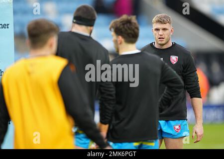 Exeter, Regno Unito. 28 gennaio 2023. I giocatori di Gloucester Rugby si scaldano prima della partita di rugby Gallagher Premiership tra Exeter Chiefs e Gloucester a Sandy Park, Exeter, Regno Unito, il 28 gennaio 2023. Foto di Scott Boulton. Solo per uso editoriale, licenza richiesta per uso commerciale. Non è utilizzabile nelle scommesse, nei giochi o nelle pubblicazioni di un singolo club/campionato/giocatore. Credit: UK Sports Pics Ltd/Alamy Live News Foto Stock