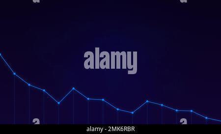 Semplice grafico a linee blu chiaro discendente su sfondo blu scuro con mappa del mondo in pixel. Analisi astratta del mercato azionario o concetto di finanza backgrou Foto Stock