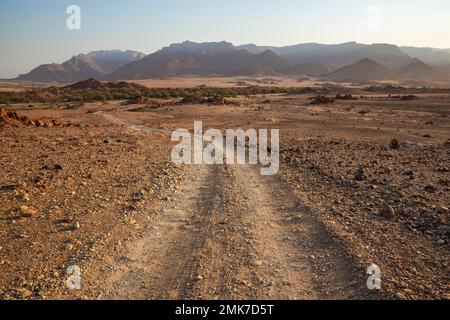 Strada sterrata verso il fondo secco del fiume Ugab, dietro il Brandberg, la montagna più alta della Namibia, Damaraland, Namibia Foto Stock