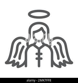 Icona linea angelo, religione e cielo, segno di carattere, grafica vettoriale, un motivo lineare su sfondo bianco, eps 10. Illustrazione Vettoriale