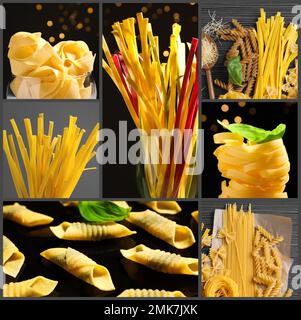 Diversi tipi di pasta cruda. Collage fotografico Foto Stock