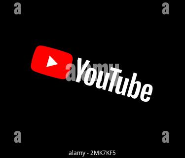 YouTube White a colori, ruotato, sfondo nero, logo, nome del marchio Foto Stock