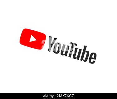 YouTube, ruotato, sfondo bianco, Logo, Nome del marchio Foto Stock