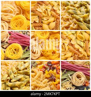 Diversi tipi di pasta cruda. Collage fotografico Foto Stock